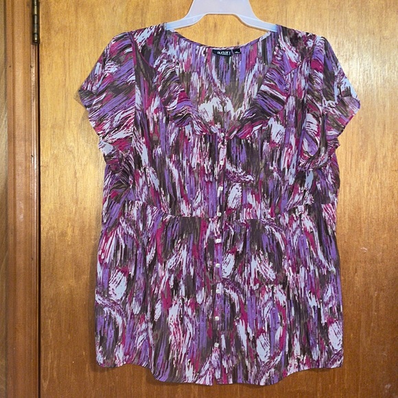 •A.N.A•PINK/BROWN/PURPLE ABSTRACT PRINTED SHEER RUFFLE NECK BUTTON UP BLOUSE 3X - Picture 3 of 11